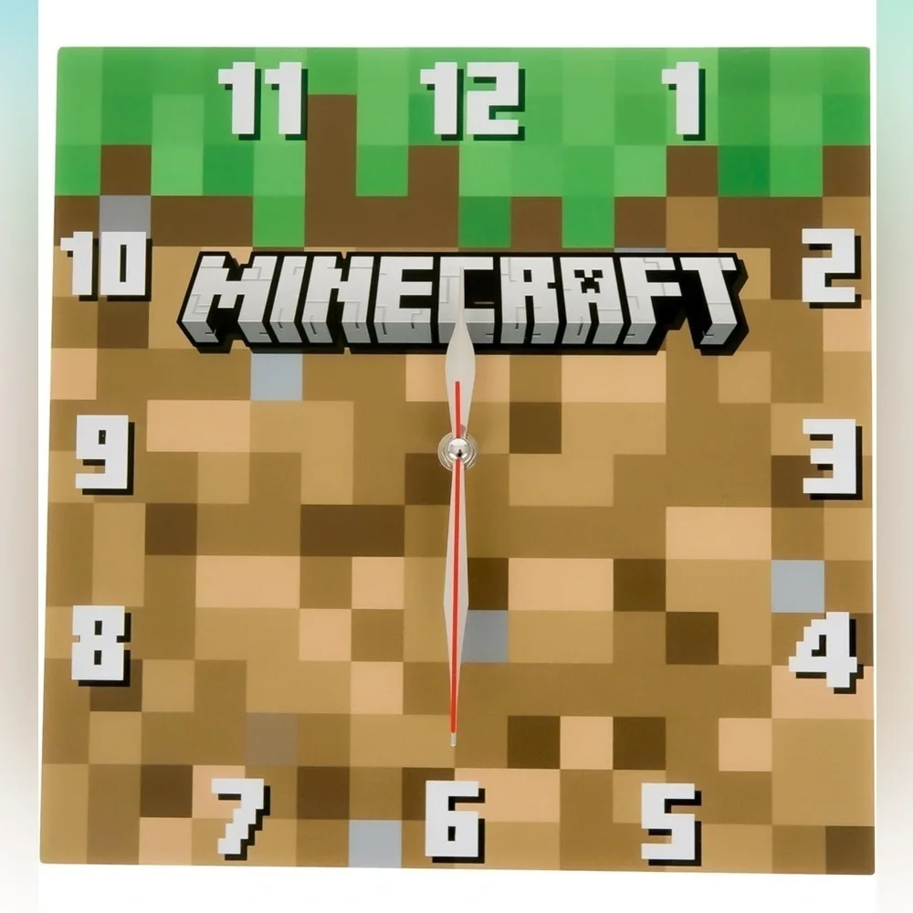 Minecraft Grass Block Square Wall Clock Gamer Home Decor 11 in Tan Green NEW